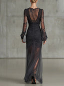 Kerensa | Floral Lace Maxi Dress – Wedding Guest V Neck Long Bell Sleeves