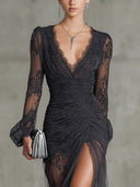 Kerensa | Floral Lace Maxi Dress – Wedding Guest V Neck Long Bell Sleeves