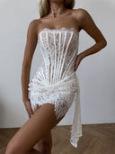 Khloe | Floral Lace Mini Dress – Evening Strapless Boned Front Lace Up Back