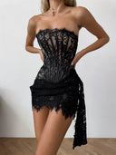 Khloe | Floral Lace Mini Dress – Evening Strapless Boned Front Lace Up Back