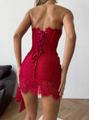 Khloe | Floral Lace Mini Dress – Evening Strapless Boned Front Lace Up Back
