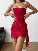 Khloe | Floral Lace Mini Dress – Evening Strapless Boned Front Lace Up Back