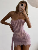 Khloe | Floral Lace Mini Dress – Evening Strapless Boned Front Lace Up Back