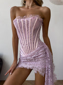 Khloe | Floral Lace Mini Dress – Evening Strapless Boned Front Lace Up Back