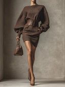 Kianna | Textured Mini Dress – Casual Boat Neck Belted Balloon Sleeve