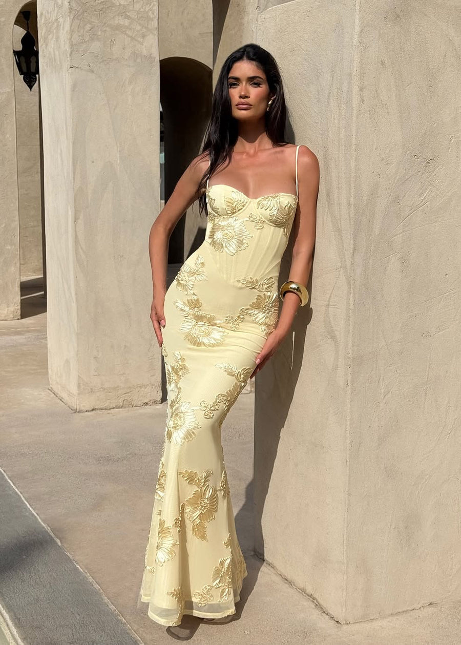 Kiara | Floral Embroidered Spaghetti Strap Maxi – Corset Fishtail Wedding Guest Dress