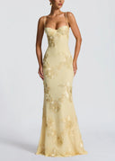 Kiara | Floral Embroidered Spaghetti Strap Maxi – Corset Fishtail Wedding Guest Dress