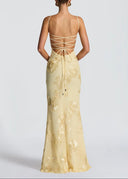 Kiara | Floral Embroidered Spaghetti Strap Maxi – Corset Fishtail Wedding Guest Dress