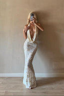 Kim | Embroidered Sequin Halter Maxi – Deep V Cowl Neck Floral Formal Dress