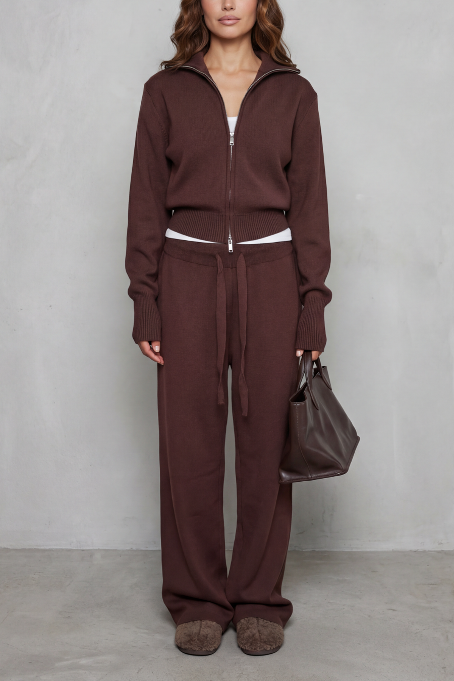 Kimber | Knit Two Piece Set – Casual Zip Front Collar Wide Leg Pants