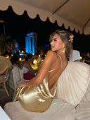 Kimberley | Metallic Maxi Dress – Evening Cowl Neck Spaghetti Strap Draped Back