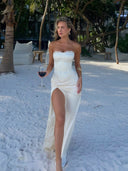 Kinsley | Strapless Lace Trim Corset Maxi – Ruched Split Summer Holiday Dress