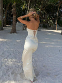 Kinsley | Strapless Lace Trim Corset Maxi – Ruched Split Summer Holiday Dress