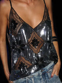 Klara | Embellished Glitter – V Neck Sheer Beaded Sequin Sleeveless Going Out Party Top