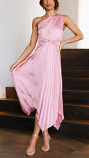 Kori | One Shoulder Pleated Midi – Twist Knot Waist Asymmetric Wedding Guest Dress
