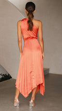 Kori | One Shoulder Pleated Midi – Twist Knot Waist Asymmetric Wedding Guest Dress