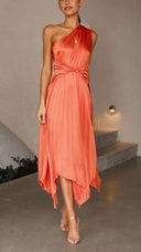 Kori | One Shoulder Pleated Midi – Twist Knot Waist Asymmetric Wedding Guest Dress