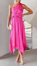 Kori | One Shoulder Pleated Midi – Twist Knot Waist Asymmetric Wedding Guest Dress