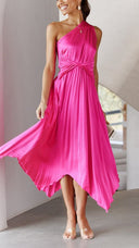 Kori | One Shoulder Pleated Midi – Twist Knot Waist Asymmetric Wedding Guest Dress