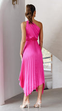 Kori | One Shoulder Pleated Midi – Twist Knot Waist Asymmetric Wedding Guest Dress