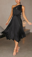 Kori | One Shoulder Pleated Midi – Twist Knot Waist Asymmetric Wedding Guest Dress