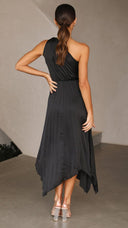 Kori | One Shoulder Pleated Midi – Twist Knot Waist Asymmetric Wedding Guest Dress