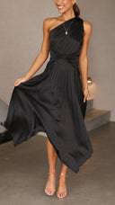 Kori | One Shoulder Pleated Midi – Twist Knot Waist Asymmetric Wedding Guest Dress