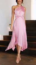 Kori | One Shoulder Pleated Midi – Twist Knot Waist Asymmetric Wedding Guest Dress