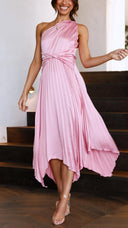Kori | One Shoulder Pleated Midi – Twist Knot Waist Asymmetric Wedding Guest Dress