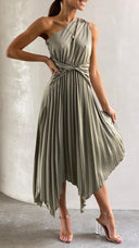 Kori | One Shoulder Pleated Midi – Twist Knot Waist Asymmetric Wedding Guest Dress