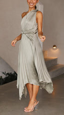 Kori | One Shoulder Pleated Midi – Twist Knot Waist Asymmetric Wedding Guest Dress