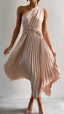 Kori | One Shoulder Pleated Midi – Twist Knot Waist Asymmetric Wedding Guest Dress