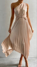 Kori | One Shoulder Pleated Midi – Twist Knot Waist Asymmetric Wedding Guest Dress