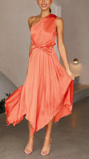 Kori | One Shoulder Pleated Midi – Twist Knot Waist Asymmetric Wedding Guest Dress