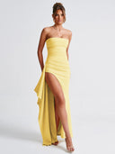 Kristin | Bandeau Maxi – Strapless Ruched Draped High Split Formal Evening Prom Dress