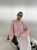 Kristina | Ribbed Zip Up Cardigan – Funnel Neck Balloon Sleeve Everyday Wear