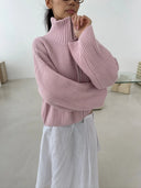 Kristina | Ribbed Zip Up Cardigan – Funnel Neck Balloon Sleeve Everyday Wear