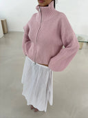 Kristina | Ribbed Zip Up Cardigan – Funnel Neck Balloon Sleeve Everyday Wear