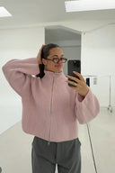 Kristina | Ribbed Zip Up Cardigan – Funnel Neck Balloon Sleeve Everyday Wear