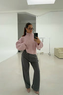 Kristina | Ribbed Zip Up Cardigan – Funnel Neck Balloon Sleeve Everyday Wear
