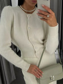 Kyndall | Button Front Knit Cardigan – Crew Neck Long Sleeve Ribbed Trim