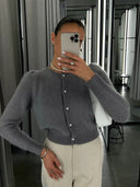 Kyndall | Button Front Knit Cardigan – Crew Neck Long Sleeve Ribbed Trim