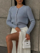 Kyndall | Button Front Knit Cardigan – Crew Neck Long Sleeve Ribbed Trim