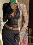 Lace Crop Top – Deep V Neck Long Sleeve Sheer Floral Going Out Party Top