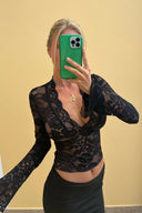 Lace Crop Top – Deep V Neck Long Sleeve Sheer Floral Going Out Party Top