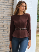 Laramie | Suede Effect Jacket – Casual Round Neck Zip Front Belted Long Sleeve