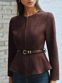 Laramie | Suede Effect Jacket – Casual Round Neck Zip Front Belted Long Sleeve