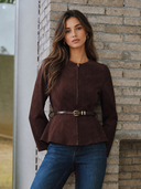 Laramie | Suede Effect Jacket – Casual Round Neck Zip Front Belted Long Sleeve