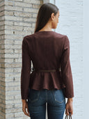 Laramie | Suede Effect Jacket – Casual Round Neck Zip Front Belted Long Sleeve