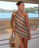 Laury | Scallop Print One Shoulder Mini – Geometric Knit Summer Holiday Dress